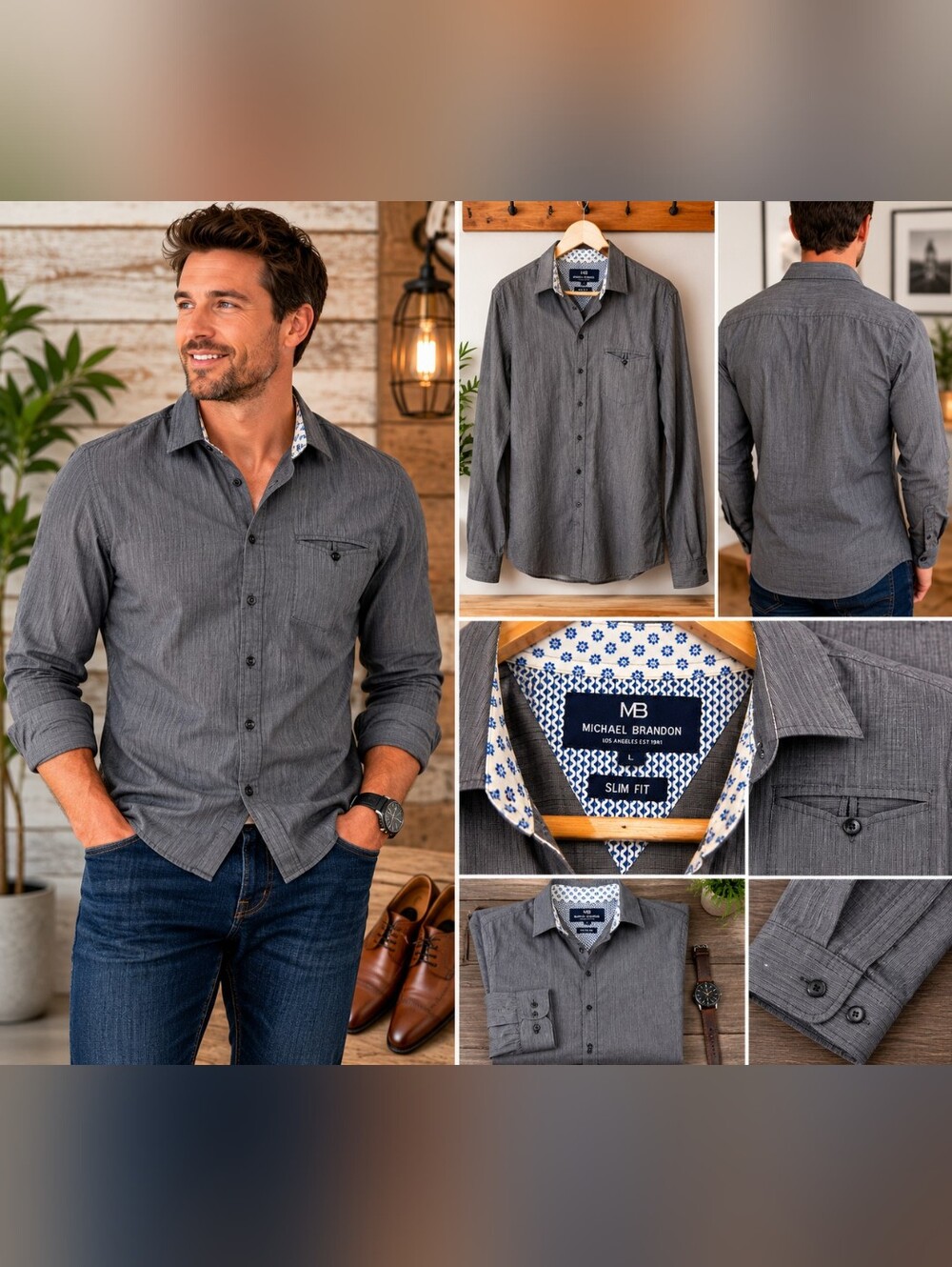 Michael Brandon Slim Fit Button-Up Shirt | Gray Textured Dress Shirt | Size Larg